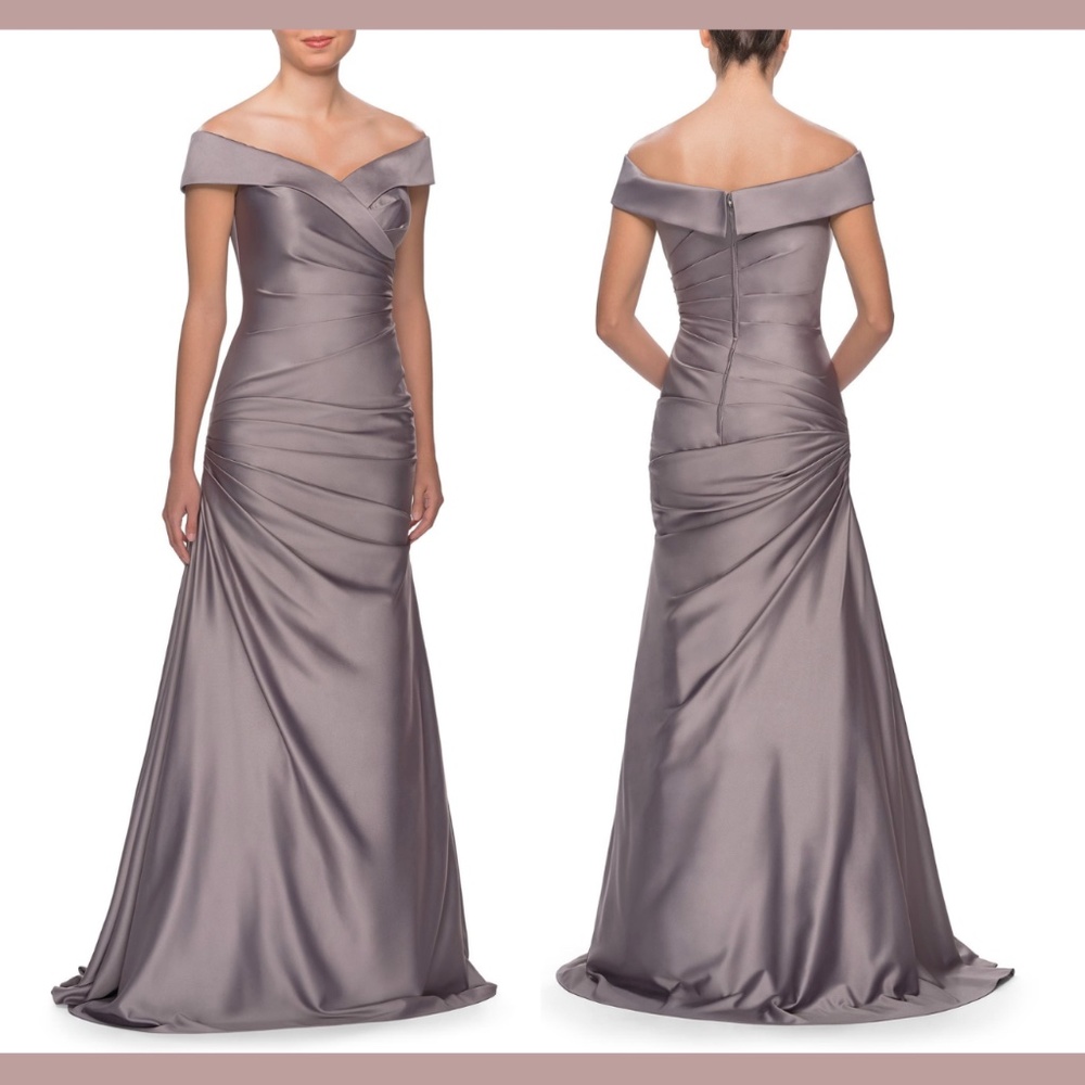 NWT $495 La Femme [ 10 ] Off Shoulder Ruched Satin Trumpet Gown Platinum‎